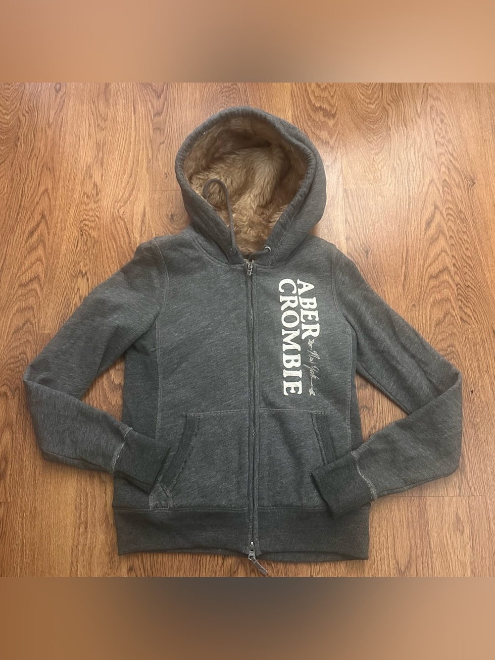 OG Vintage Abercrombie & Fitch Charcoal Gray Faux-Fur Lined Zip Hoodie Small